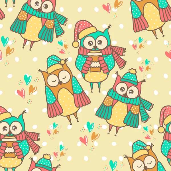Seamless pattern of colorful owls on a spotted background — Stock Vector