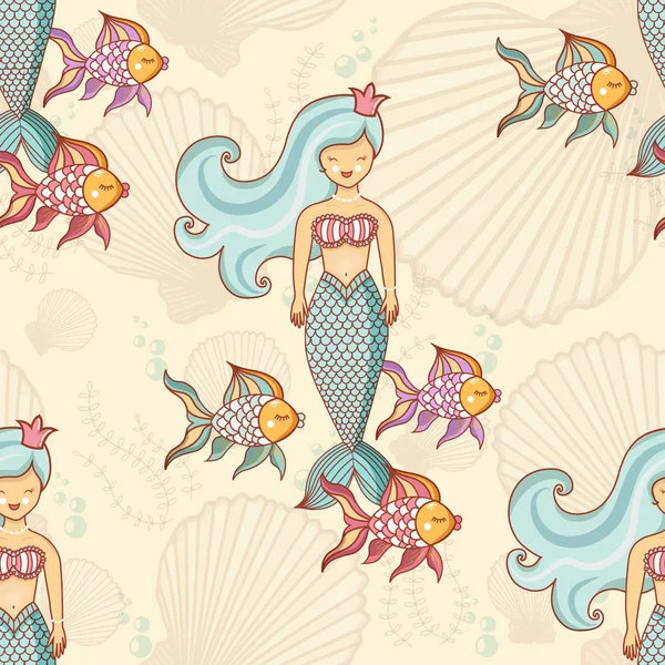 Marine seamless pattern with fish and mermaids — Stock Vector