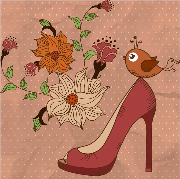 Zapatos de mujer sobre un hermoso fondo floral con pájaro — Vector de stock