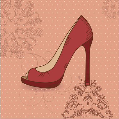 Bir desen ile kırmızı bir arka plan üzerinde güzel kadın ayakkabı