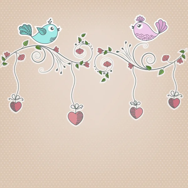Dois pássaros em um ramo com flores —  Vetores de Stock