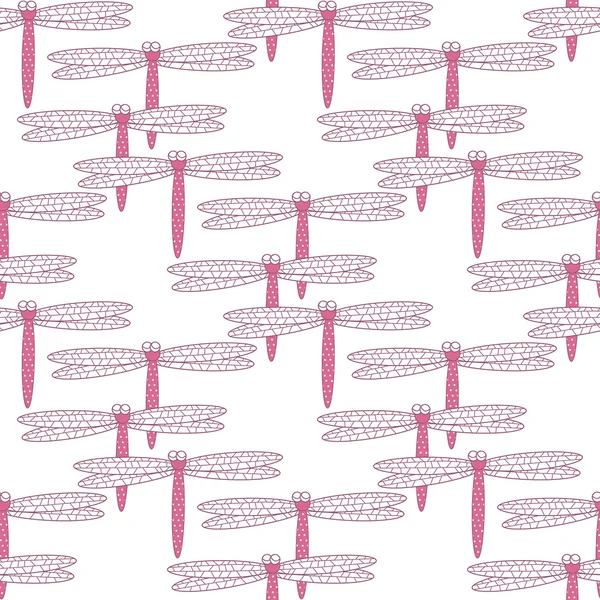 白地にピンクのトンボのシームレス背景 — ストックベクタ