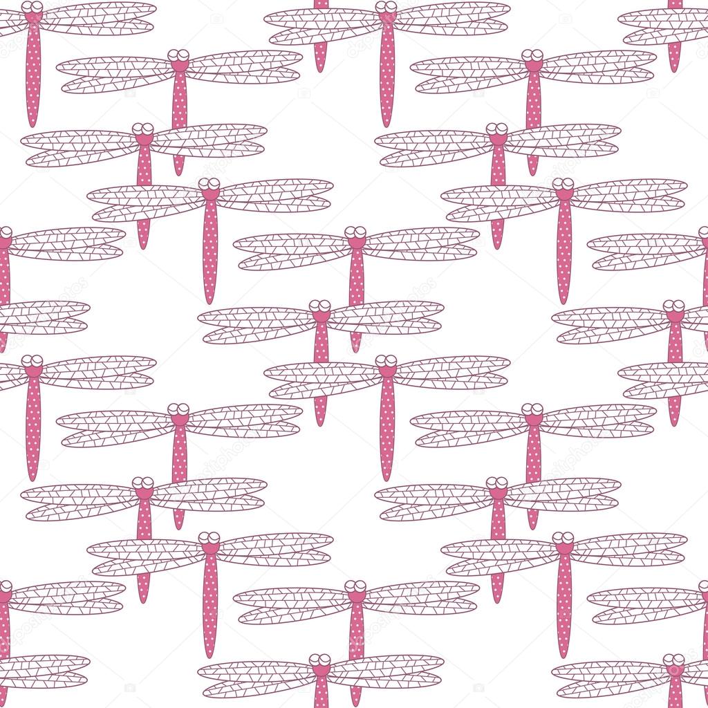 Seamless background of pink dragonflies on a white background