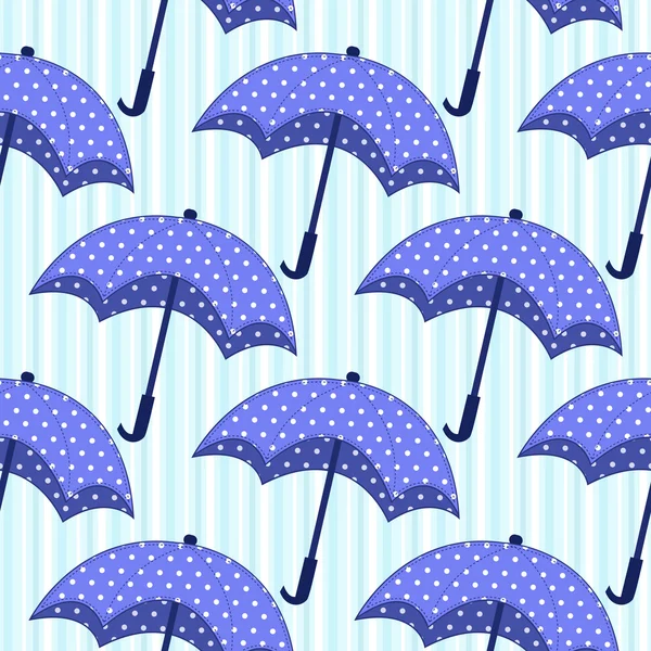 Seamless pattern with blue umbrellas on striped background — Stock Vector