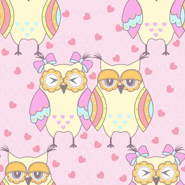 Seamless pattern with owls in love on a pink background — Stock Vector