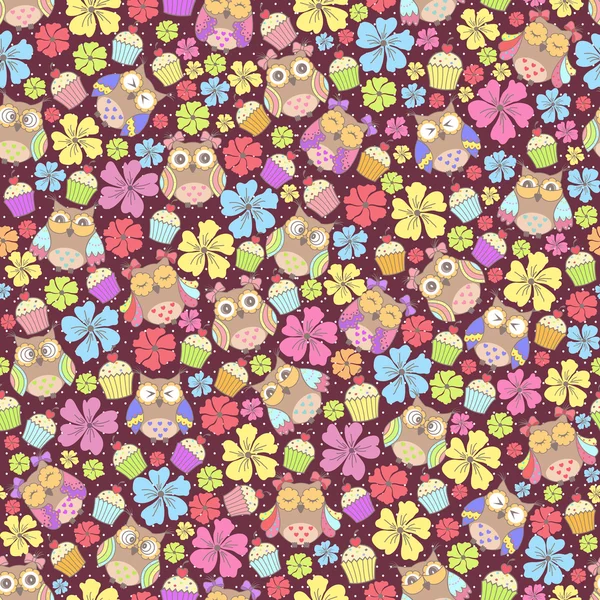 Nahtloses Muster mit Eulen und Blumen und Kuchen auf dunklem Hintergrund — Stockvektor