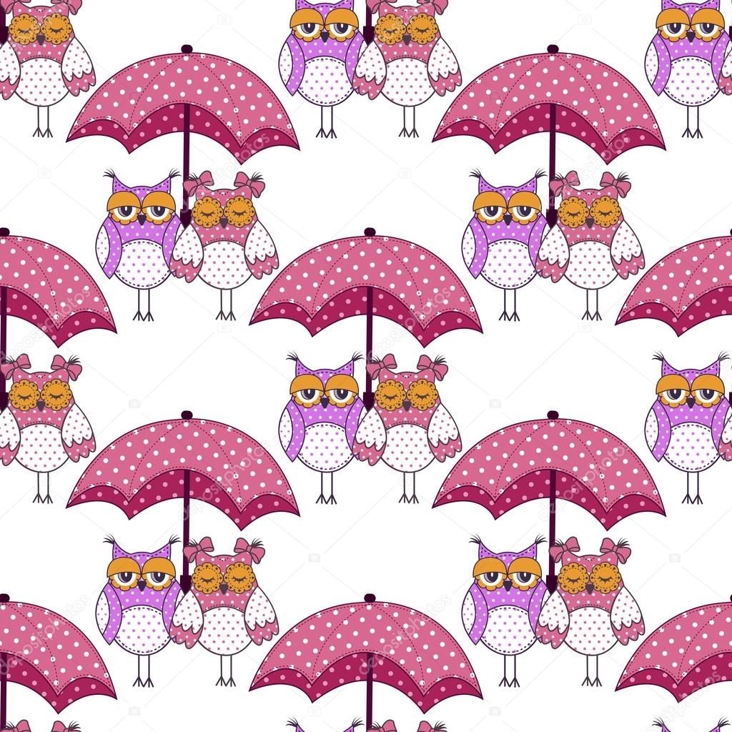 Seamless pattern with owls in love and umbrella on white background