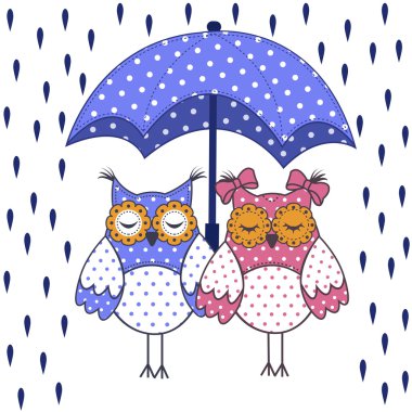 loving couple of owls with umbrella in the rain on a white background