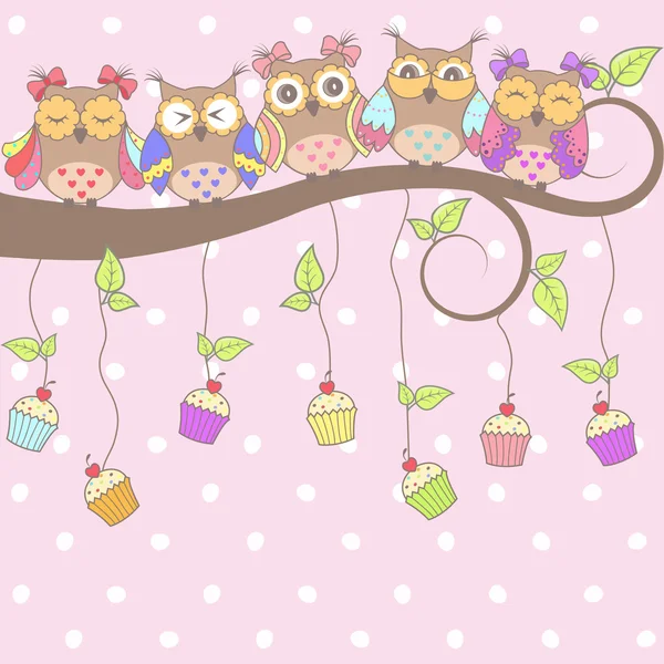 Beautiful card with owls on the tree and cakes on a pink background — Stok Vektör