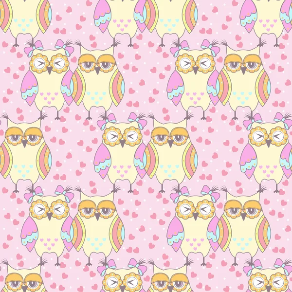 Seamless pattern with owls in love on a pink background — Stock Vector