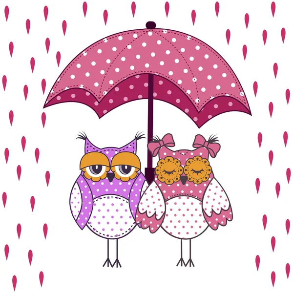 Loving couple of owls with umbrella in the rain on a white background — Wektor stockowy