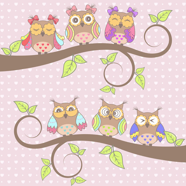 Beautiful card with owls in love on branch