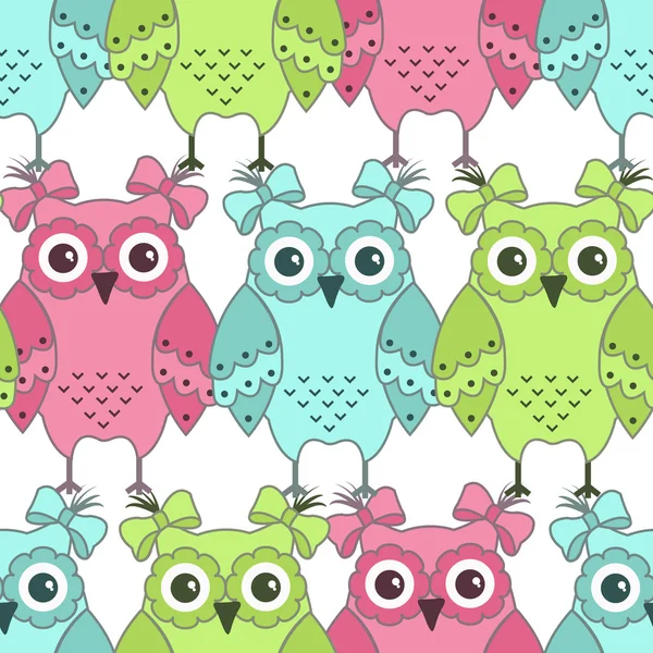 Seamless pattern of colorful owls on a white background — Stock Vector