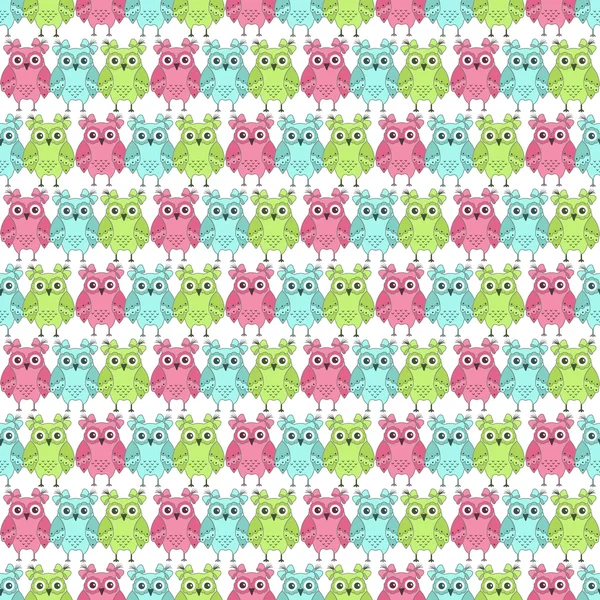 Seamless pattern of colorful owls on a white background — Stock Vector