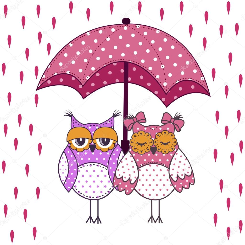loving couple of owls with umbrella in the rain on a white background