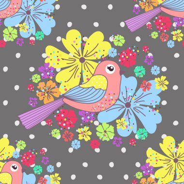 Kuşlar ve çiçekler üzerinde gri bir arka plan üzerinde bir polka noktaları ile Seamless Modeli