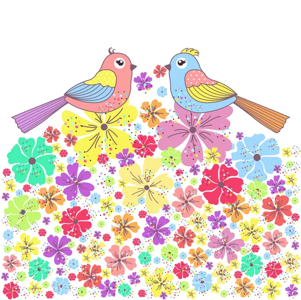 Vackert kort med fåglar och blommor på vit bakgrund — Stock vektor