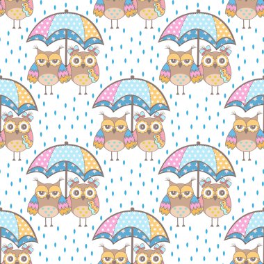 Baykuşlar sevgi ve beyaz arka plan üzerinde şemsiye ile Seamless Modeli