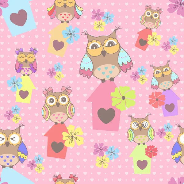 Beautiful seamless pattern with cute owls and birdhouse — Stock Vector