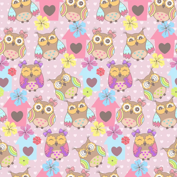 Beautiful seamless pattern with cute owls and birdhouse — Stock Vector