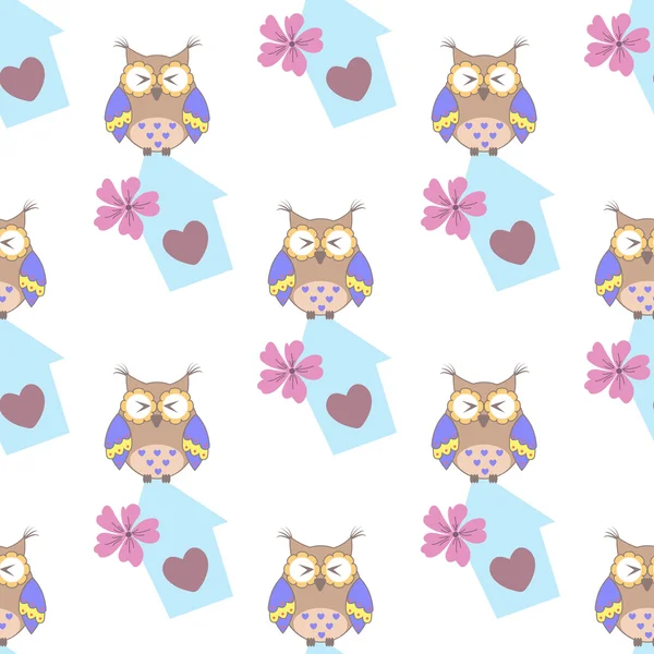 Beau motif sans couture avec des chouettes mignonnes et nichoir — Image vectorielle