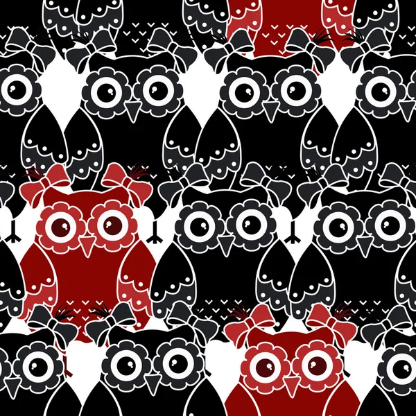 Seamless pattern with black and red owls — Stock Vector