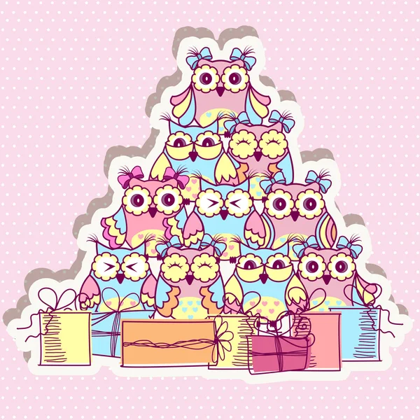 Beautiful pattern postcard with owls and gifts on pink background — Stock Vector