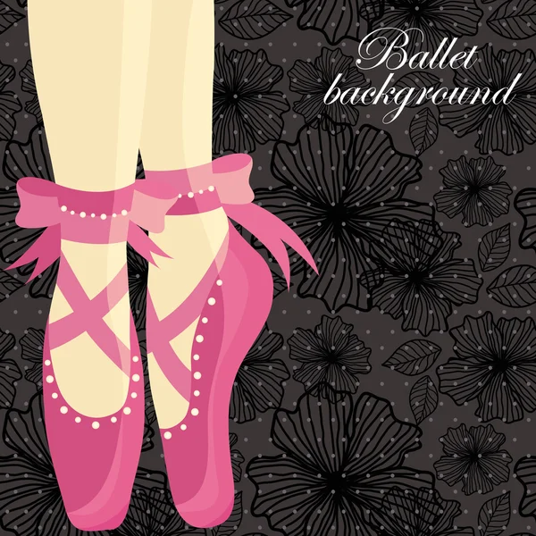 Belos pés de uma bailarina em sapatos pontiagudos em um fundo preto com padrões — Vetor de Stock