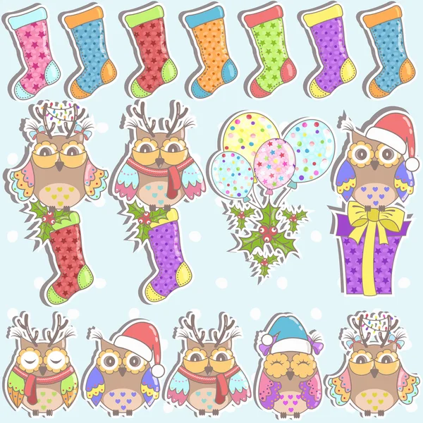 Juego de búhos, regalos, calcetines y globos navideños — Archivo Imágenes Vectoriales