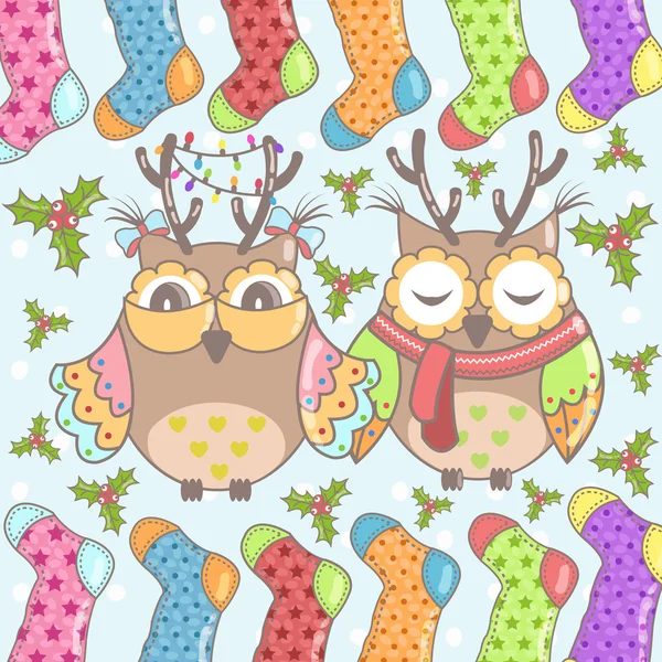 Tarjeta de Navidad con búhos y calcetines de Navidad sobre fondo azul — Vector de stock