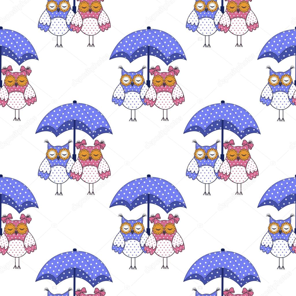 Seamless pattern with owls in love and umbrella on white background