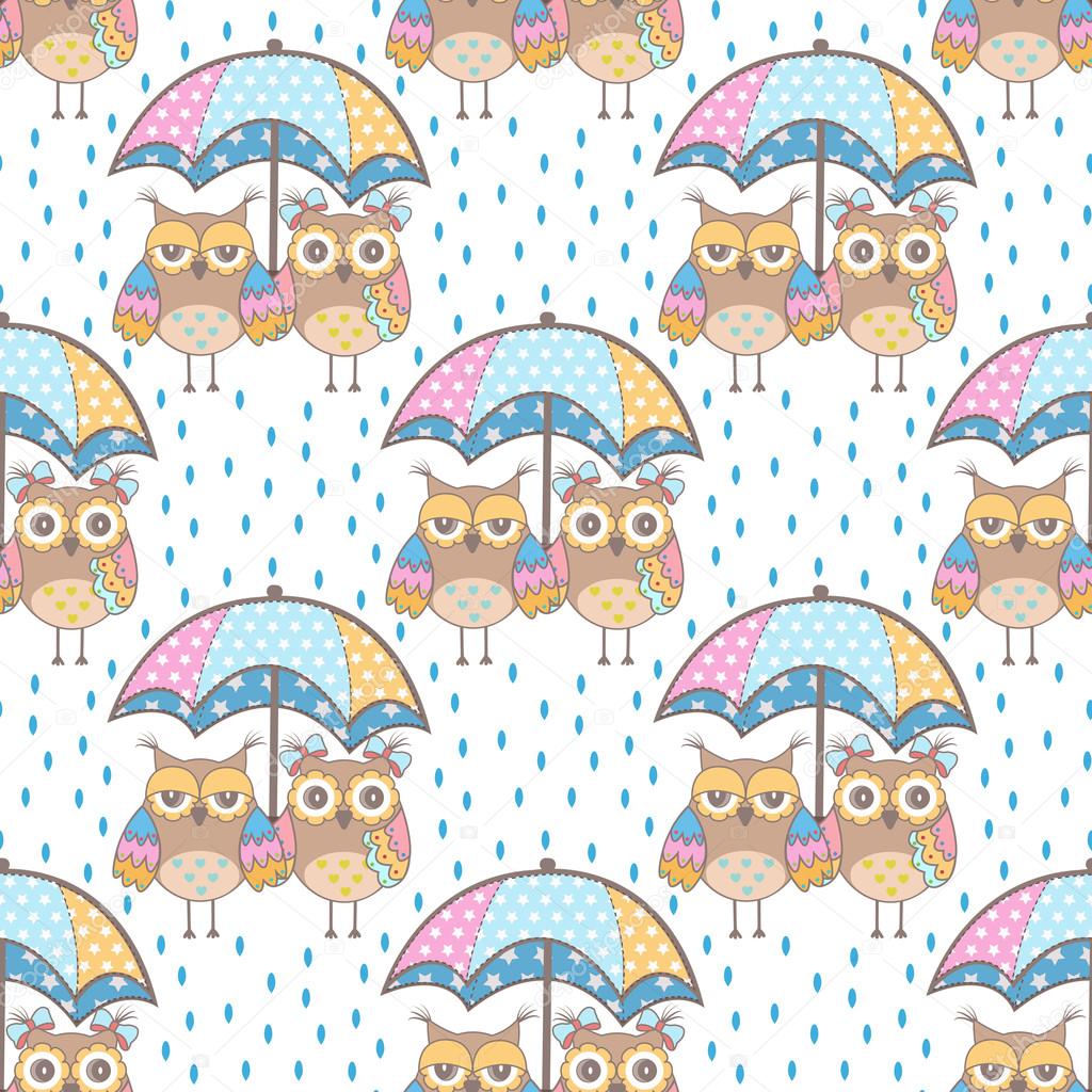 Seamless pattern with owls in love and umbrella on white background