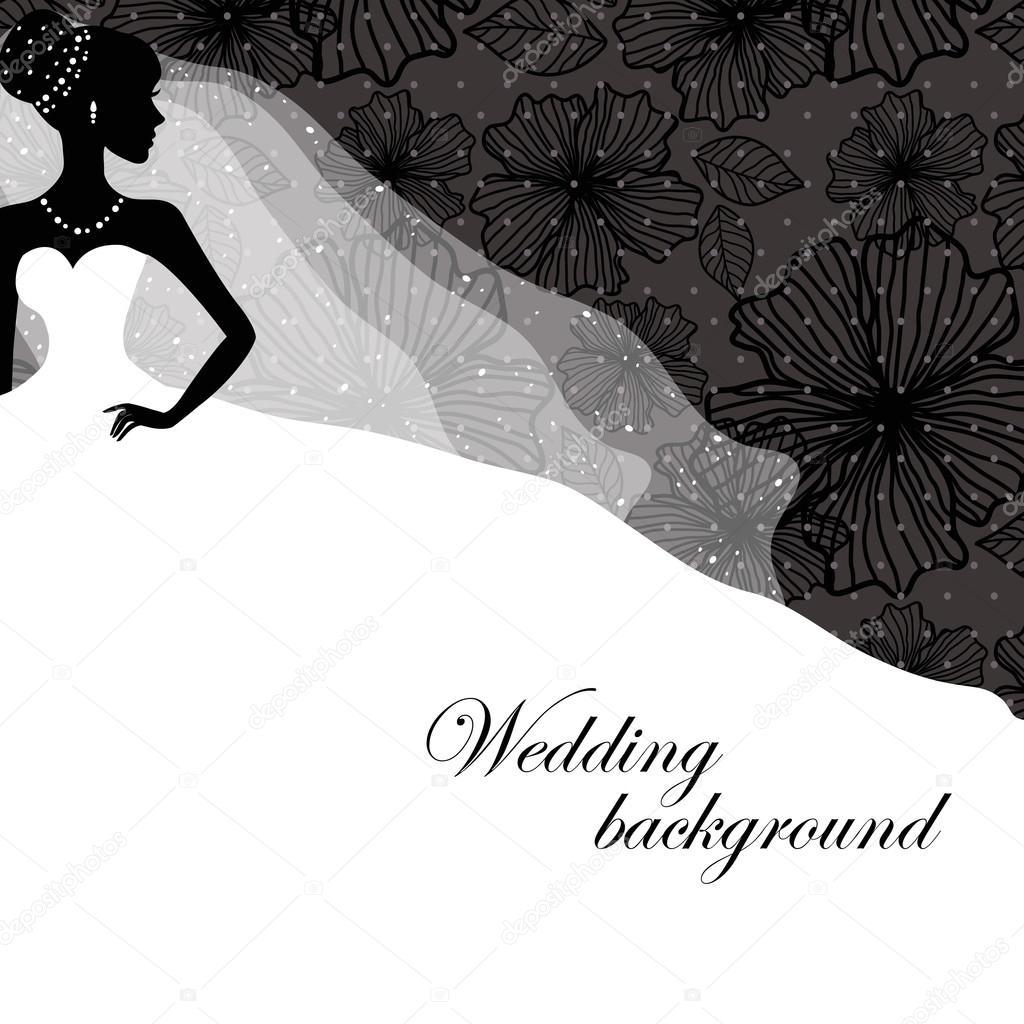 A beautiful silhouette of a bride in a dress on a black background with patterns