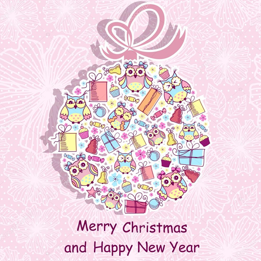 Beautiful Christmas background with owls, sweets, gifts on pink background with a pattern