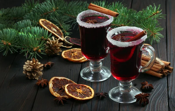 Cups Mulled Wine Spices Dry Citrus Fruits Wooden Table Warming — Stock Photo, Image