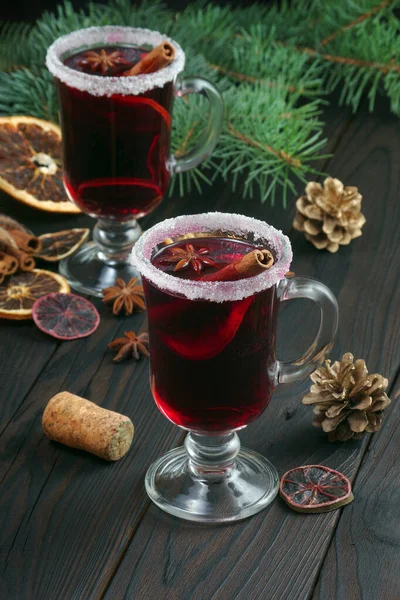 Cups Mulled Wine Spices Dry Citrus Fruits Wooden Table Warming — Stock Photo, Image