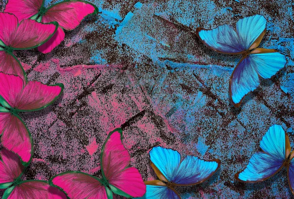 Blauer Und Rosa Abstrakter Hintergrund Helle Morpho Schmetterlinge Auf Blauem — Stockfoto