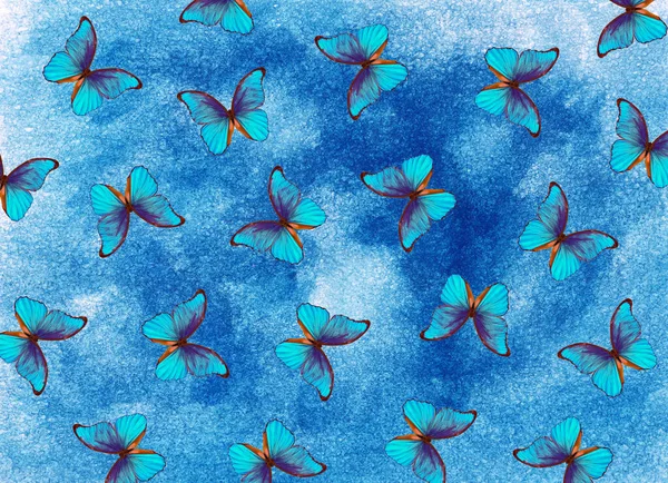 Blue Morpho Butterflies Watercolor Blurred Background — Stock Photo, Image