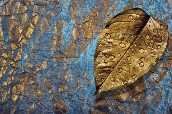 gold leaf in water drops on blue and gold pastel background. gold and blue abstract background. photo of crumpled paper painted in gold and blue.
