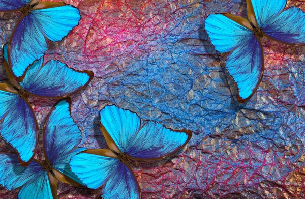 Blaue Morpho Schmetterlinge Auf Hell Leuchtendem Hintergrund Gold Blau Und — Stockfoto