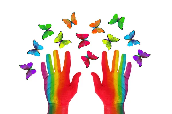 Farben Des Regenbogens Hände Regenbogenfarben Und Bunte Morpho Schmetterlinge Palmen — Stockfoto