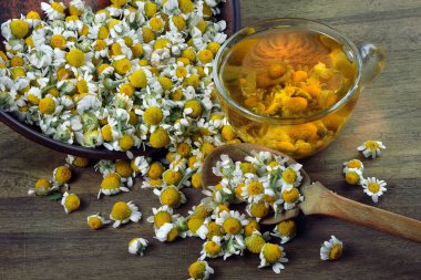 Tahta kaşıkta papatya çiçeği ve bir fincan papatya çayı. yaz bitkisel çayı