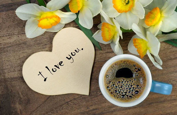 Люблю Тебя Открытка День Святого Валентина Чашка Кофе Весенние Цветы — стоковое фото