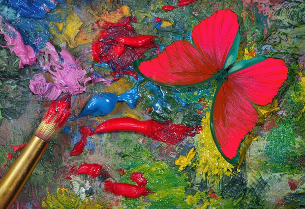 Conceito Cor Morpho Tropical Vermelho Brilhante Borboleta Paleta Artista Pinturas — Fotografia de Stock