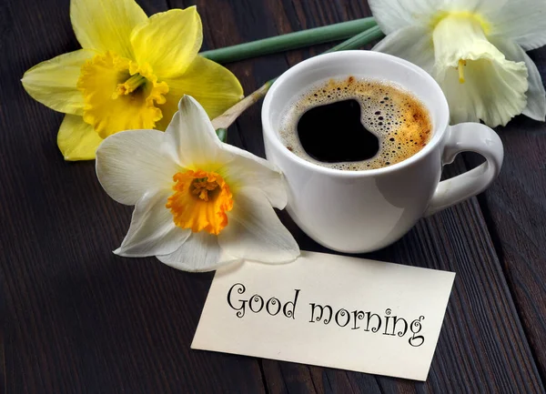 Good Morning Cup Coffee Daffodils Note Good Morning Table — Photo