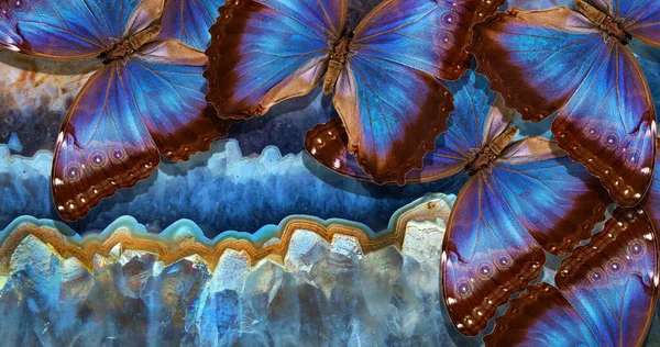 Helder Blauw Tropisch Morfo Vlinders Achtergrond Van Kleurrijke Opaal Steen — Stockfoto
