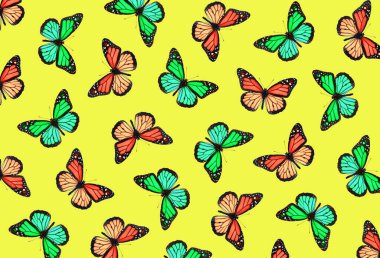 Renkli kral kelebeklerinden parlak soyut desen. Kelebek süsü