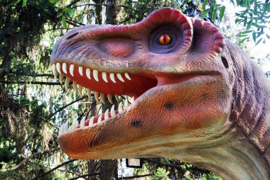 Dinozor tyrannosaurus rex. Dinozorun yüzünü yakından çek. Ormandaki Tyrannosaurus. Parktaki dinozor modeli..