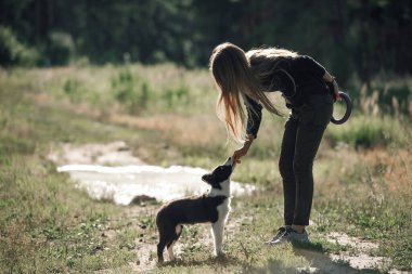 Siyah-beyaz sınırda çoban köpeği eğiten bir kız.