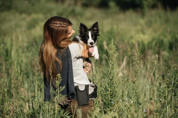 Menina Segurando Suas Mãos Preto Branco Fronteira Collie Cachorro Cão — Fotografia de Stock